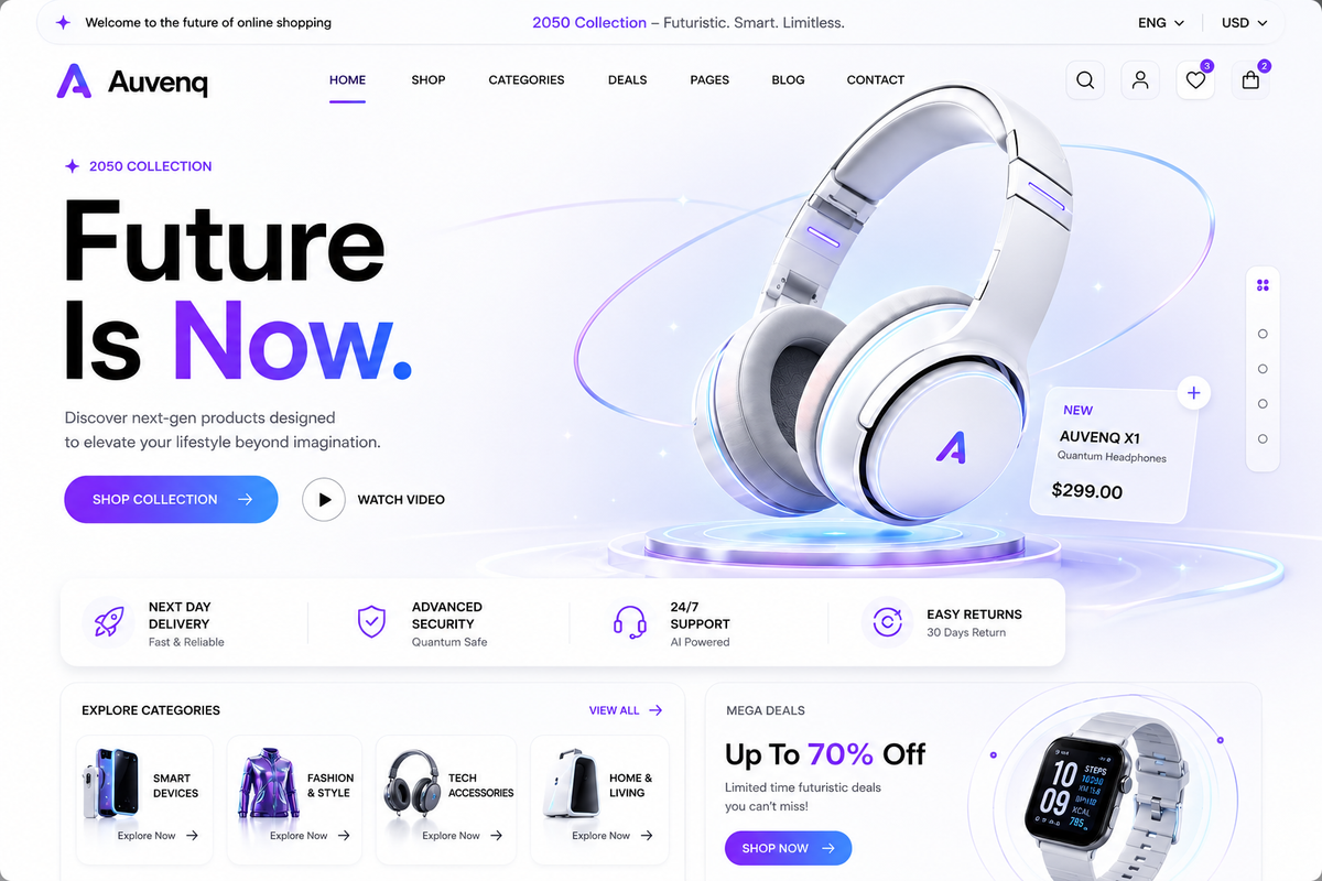 Auvenq – Futuristic Tech & Electronics Shopify Theme | Responsive OS 2.0