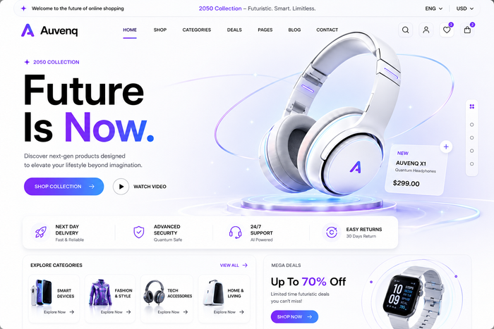 Auvenq – Futuristic Tech & Electronics Shopify Theme | Responsive OS 2.0