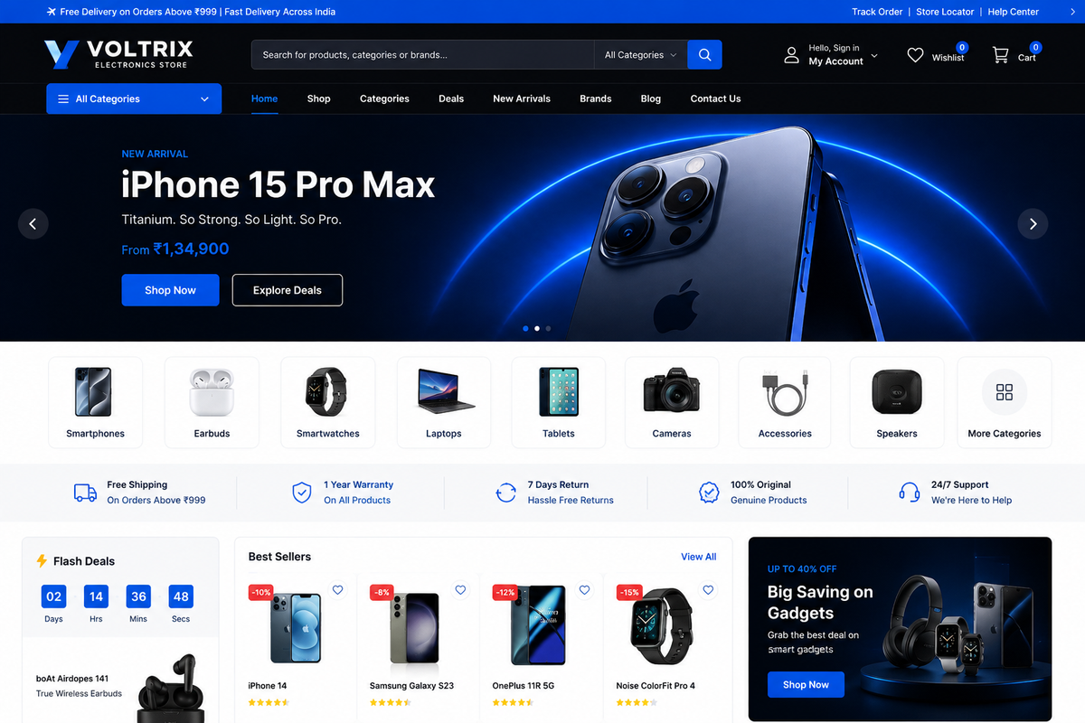 Voltrix premium responsive Shopify theme for electronics stores — homepage preview